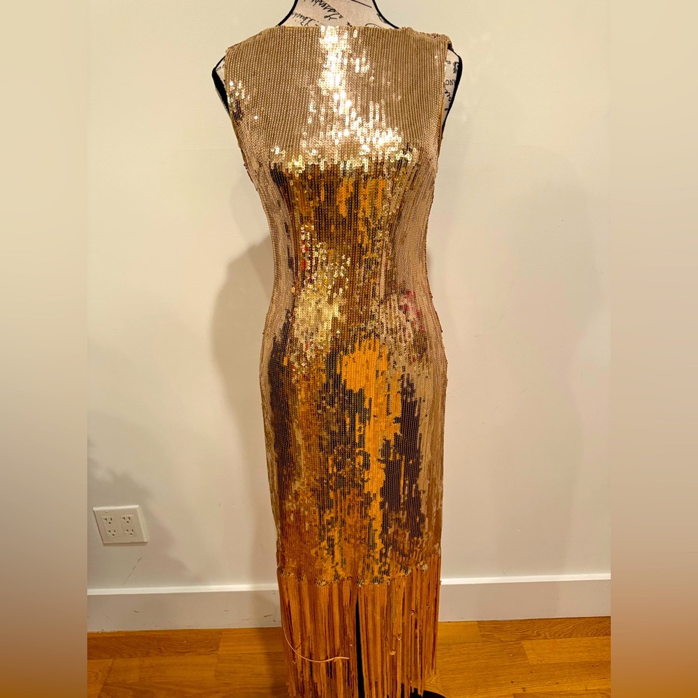 Nanette Lepore Sequin Fringe Midi Dress Gold
